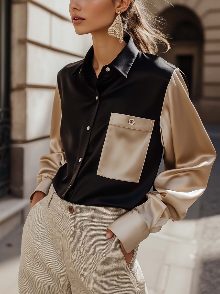 Dames Elegante Twee-Tonige Satijnen Blouse met Zak